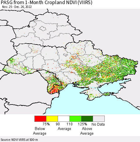 Ukraine, Moldova and Belarus PASG from 1-Month Cropland NDVI (VIIRS) Thematic Map For 12/19/2022 - 12/26/2022