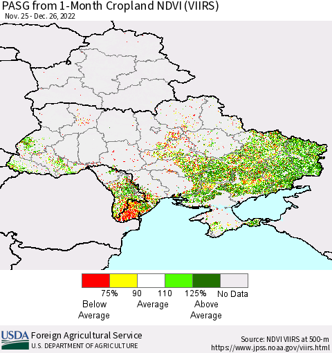 Ukraine, Moldova and Belarus PASG from 1-Month Cropland NDVI (VIIRS) Thematic Map For 12/21/2022 - 12/31/2022