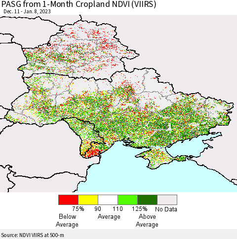 Ukraine, Moldova and Belarus PASG from 1-Month Cropland NDVI (VIIRS) Thematic Map For 1/1/2023 - 1/8/2023