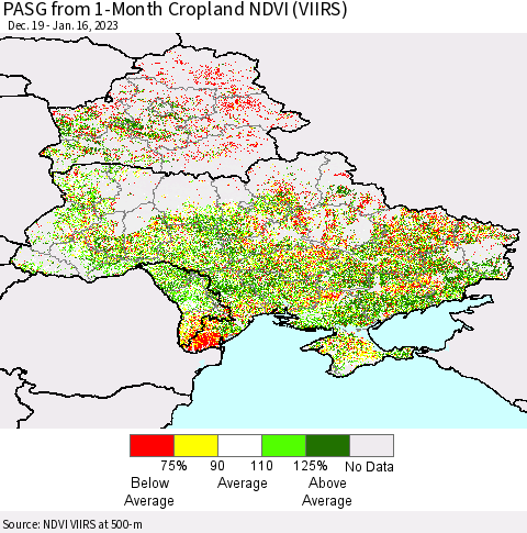 Ukraine, Moldova and Belarus PASG from 1-Month Cropland NDVI (VIIRS) Thematic Map For 1/9/2023 - 1/16/2023