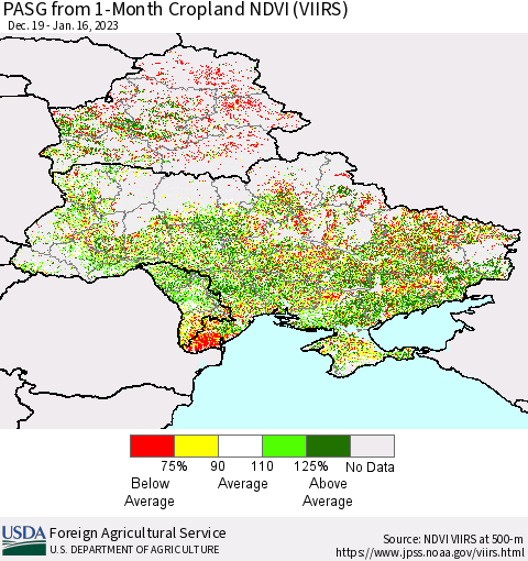 Ukraine, Moldova and Belarus PASG from 1-Month Cropland NDVI (VIIRS) Thematic Map For 1/11/2023 - 1/20/2023