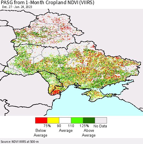 Ukraine, Moldova and Belarus PASG from 1-Month Cropland NDVI (VIIRS) Thematic Map For 1/17/2023 - 1/24/2023