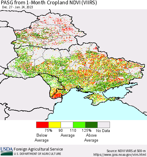 Ukraine, Moldova and Belarus PASG from 1-Month Cropland NDVI (VIIRS) Thematic Map For 1/21/2023 - 1/31/2023