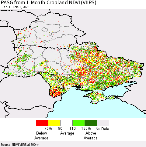 Ukraine, Moldova and Belarus PASG from 1-Month Cropland NDVI (VIIRS) Thematic Map For 1/25/2023 - 2/1/2023