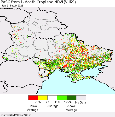 Ukraine, Moldova and Belarus PASG from 1-Month Cropland NDVI (VIIRS) Thematic Map For 2/2/2023 - 2/9/2023