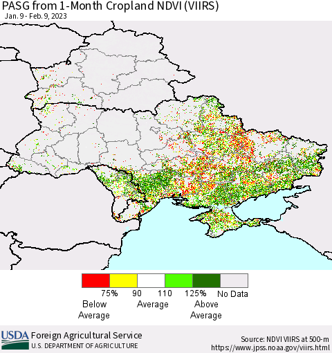 Ukraine, Moldova and Belarus PASG from 1-Month Cropland NDVI (VIIRS) Thematic Map For 2/1/2023 - 2/10/2023