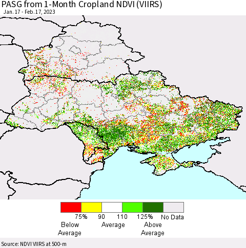 Ukraine, Moldova and Belarus PASG from 1-Month Cropland NDVI (VIIRS) Thematic Map For 2/10/2023 - 2/17/2023