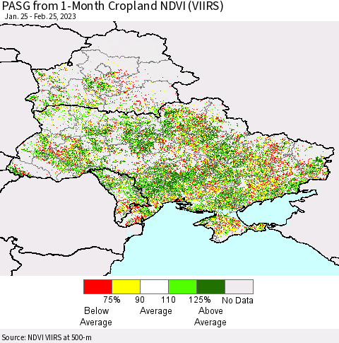 Ukraine, Moldova and Belarus PASG from 1-Month Cropland NDVI (VIIRS) Thematic Map For 2/18/2023 - 2/25/2023