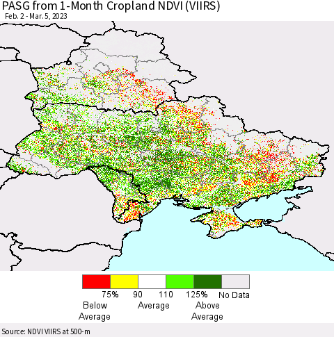 Ukraine, Moldova and Belarus PASG from 1-Month Cropland NDVI (VIIRS) Thematic Map For 2/26/2023 - 3/5/2023