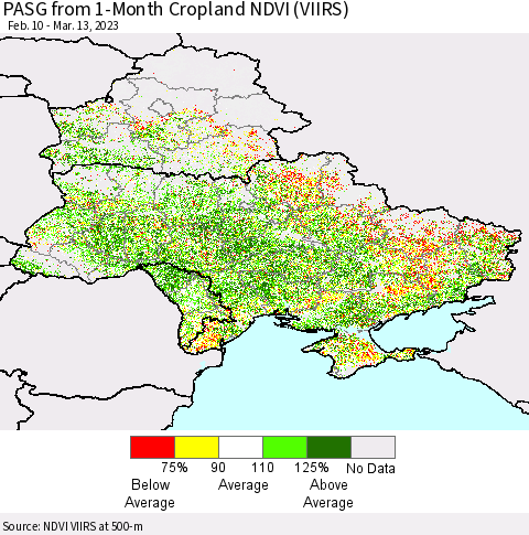 Ukraine, Moldova and Belarus PASG from 1-Month Cropland NDVI (VIIRS) Thematic Map For 3/6/2023 - 3/13/2023