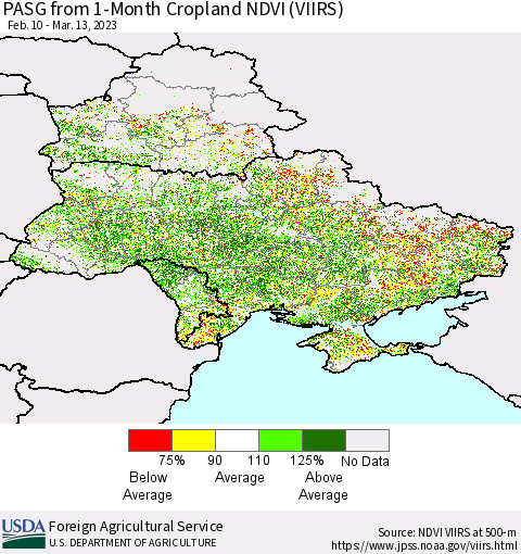 Ukraine, Moldova and Belarus PASG from 1-Month Cropland NDVI (VIIRS) Thematic Map For 3/11/2023 - 3/20/2023
