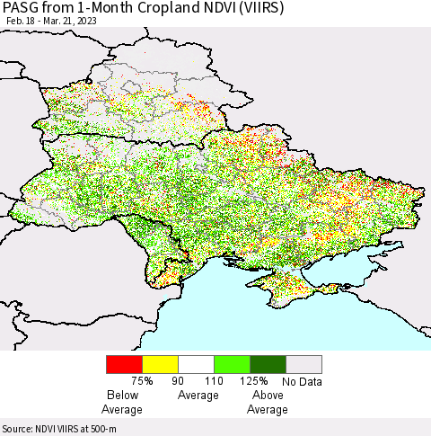 Ukraine, Moldova and Belarus PASG from 1-Month Cropland NDVI (VIIRS) Thematic Map For 3/14/2023 - 3/21/2023