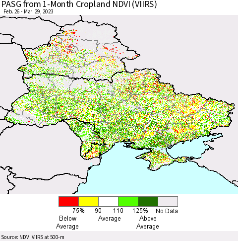Ukraine, Moldova and Belarus PASG from 1-Month Cropland NDVI (VIIRS) Thematic Map For 3/22/2023 - 3/29/2023