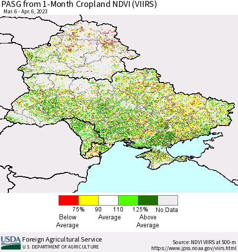 Ukraine, Moldova and Belarus PASG from 1-Month Cropland NDVI (VIIRS) Thematic Map For 4/1/2023 - 4/10/2023