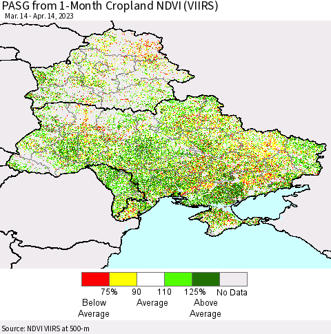 Ukraine, Moldova and Belarus PASG from 1-Month Cropland NDVI (VIIRS) Thematic Map For 4/7/2023 - 4/14/2023