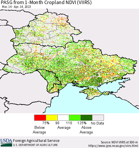 Ukraine, Moldova and Belarus PASG from 1-Month Cropland NDVI (VIIRS) Thematic Map For 4/11/2023 - 4/20/2023