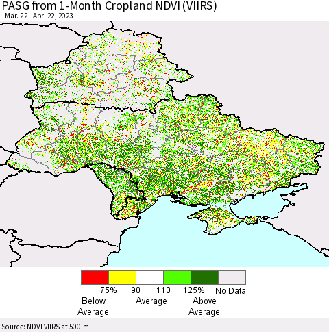 Ukraine, Moldova and Belarus PASG from 1-Month Cropland NDVI (VIIRS) Thematic Map For 4/15/2023 - 4/22/2023