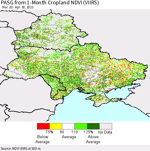 Ukraine, Moldova and Belarus PASG from 1-Month Cropland NDVI (VIIRS) Thematic Map For 4/21/2023 - 4/30/2023