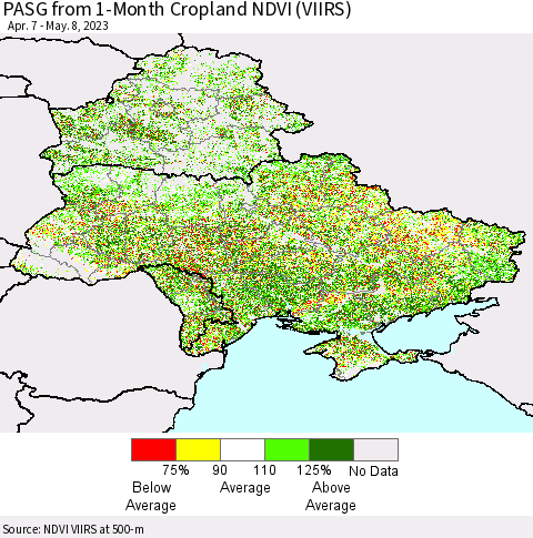 Ukraine, Moldova and Belarus PASG from 1-Month Cropland NDVI (VIIRS) Thematic Map For 5/1/2023 - 5/8/2023