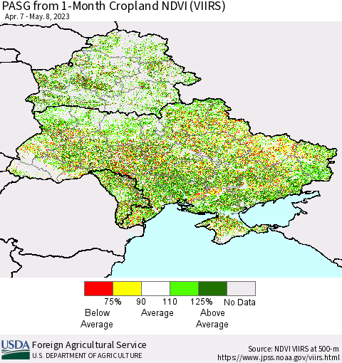 Ukraine, Moldova and Belarus PASG from 1-Month Cropland NDVI (VIIRS) Thematic Map For 5/1/2023 - 5/10/2023
