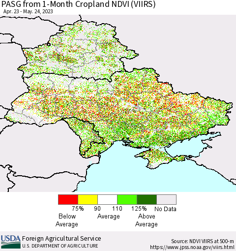 Ukraine, Moldova and Belarus PASG from 1-Month Cropland NDVI (VIIRS) Thematic Map For 5/21/2023 - 5/31/2023