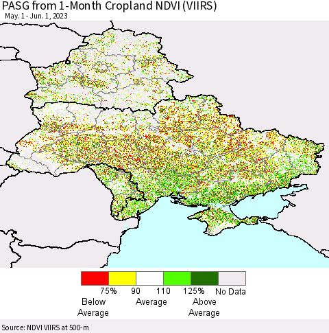 Ukraine, Moldova and Belarus PASG from 1-Month Cropland NDVI (VIIRS) Thematic Map For 5/25/2023 - 6/1/2023