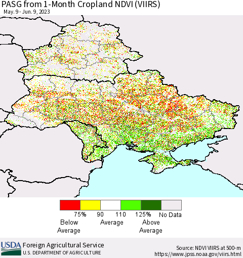 Ukraine, Moldova and Belarus PASG from 1-Month Cropland NDVI (VIIRS) Thematic Map For 6/1/2023 - 6/10/2023