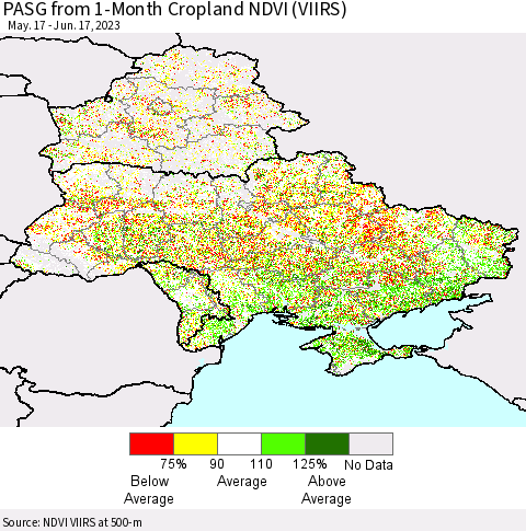 Ukraine, Moldova and Belarus PASG from 1-Month Cropland NDVI (VIIRS) Thematic Map For 6/10/2023 - 6/17/2023