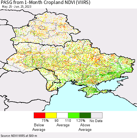 Ukraine, Moldova and Belarus PASG from 1-Month Cropland NDVI (VIIRS) Thematic Map For 6/18/2023 - 6/25/2023