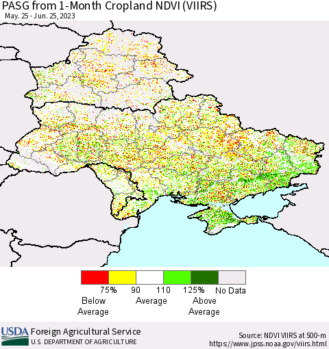 Ukraine, Moldova and Belarus PASG from 1-Month Cropland NDVI (VIIRS) Thematic Map For 6/21/2023 - 6/30/2023