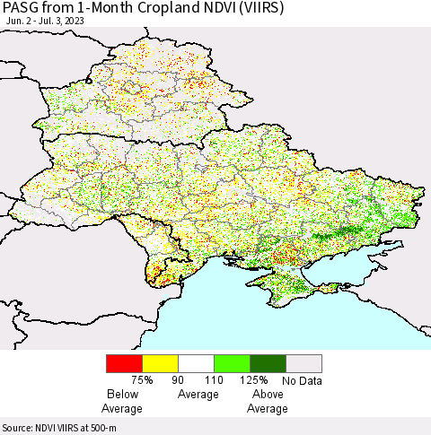 Ukraine, Moldova and Belarus PASG from 1-Month Cropland NDVI (VIIRS) Thematic Map For 6/26/2023 - 7/3/2023