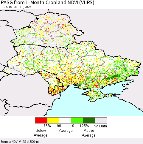 Ukraine, Moldova and Belarus PASG from 1-Month Cropland NDVI (VIIRS) Thematic Map For 7/4/2023 - 7/11/2023