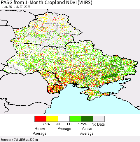 Ukraine, Moldova and Belarus PASG from 1-Month Cropland NDVI (VIIRS) Thematic Map For 7/20/2023 - 7/27/2023