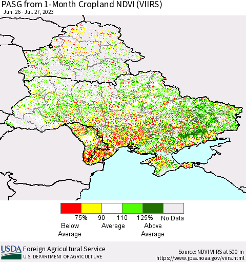 Ukraine, Moldova and Belarus PASG from 1-Month Cropland NDVI (VIIRS) Thematic Map For 7/21/2023 - 7/31/2023
