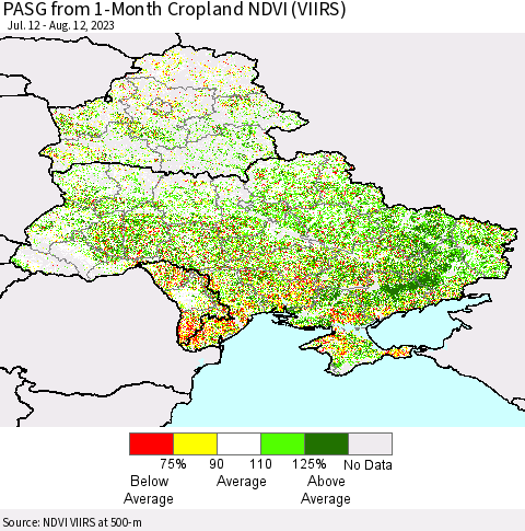 Ukraine, Moldova and Belarus PASG from 1-Month Cropland NDVI (VIIRS) Thematic Map For 8/5/2023 - 8/12/2023