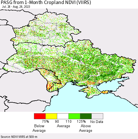 Ukraine, Moldova and Belarus PASG from 1-Month Cropland NDVI (VIIRS) Thematic Map For 8/21/2023 - 8/28/2023
