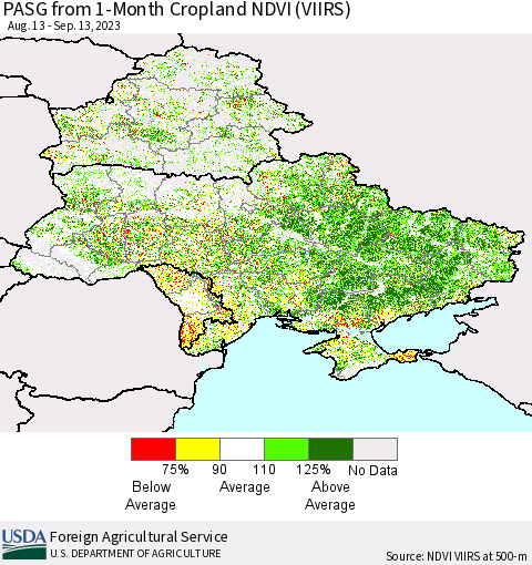 Ukraine, Moldova and Belarus PASG from 1-Month Cropland NDVI (VIIRS) Thematic Map For 9/11/2023 - 9/20/2023