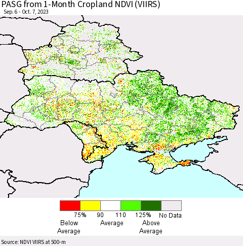 Ukraine, Moldova and Belarus PASG from 1-Month Cropland NDVI (VIIRS) Thematic Map For 9/30/2023 - 10/7/2023