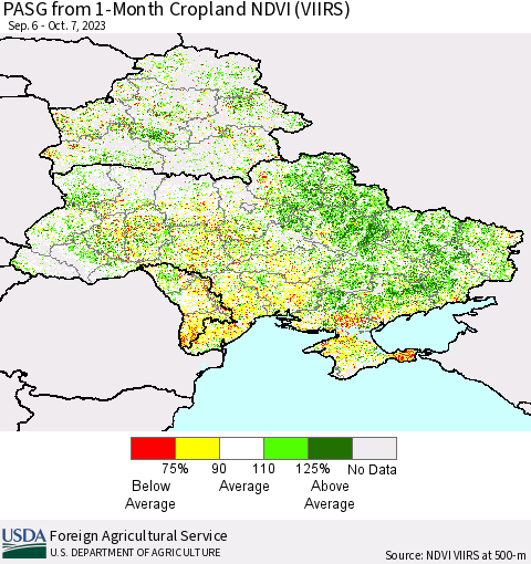 Ukraine, Moldova and Belarus PASG from 1-Month Cropland NDVI (VIIRS) Thematic Map For 10/1/2023 - 10/10/2023