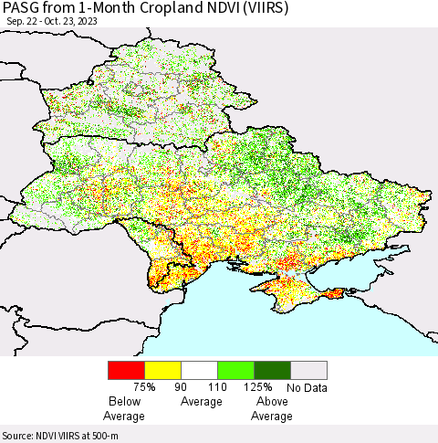 Ukraine, Moldova and Belarus PASG from 1-Month Cropland NDVI (VIIRS) Thematic Map For 10/16/2023 - 10/23/2023