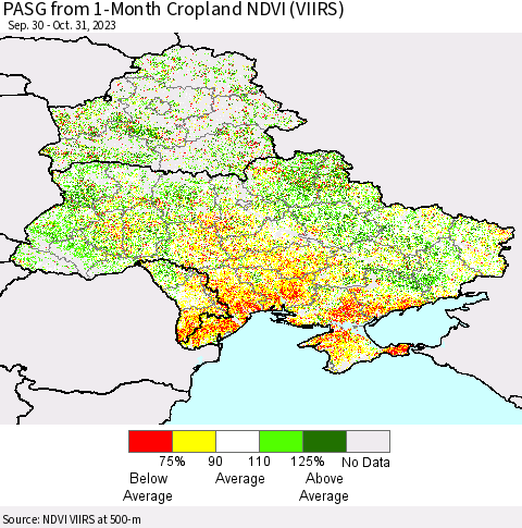 Ukraine, Moldova and Belarus PASG from 1-Month Cropland NDVI (VIIRS) Thematic Map For 10/21/2023 - 10/31/2023