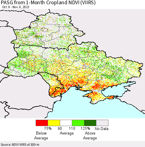 Ukraine, Moldova and Belarus PASG from 1-Month Cropland NDVI (VIIRS) Thematic Map For 11/1/2023 - 11/8/2023