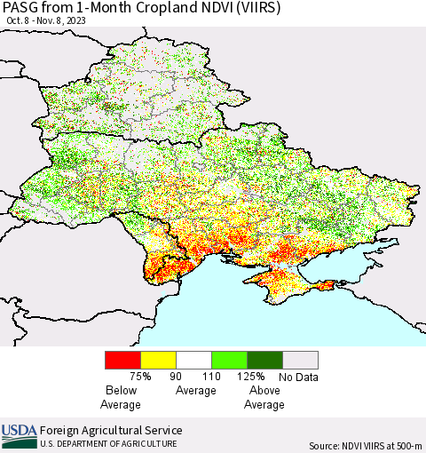 Ukraine, Moldova and Belarus PASG from 1-Month Cropland NDVI (VIIRS) Thematic Map For 11/1/2023 - 11/10/2023