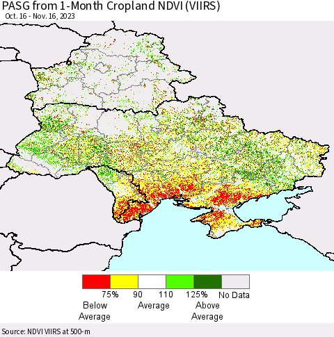 Ukraine, Moldova and Belarus PASG from 1-Month Cropland NDVI (VIIRS) Thematic Map For 11/9/2023 - 11/16/2023
