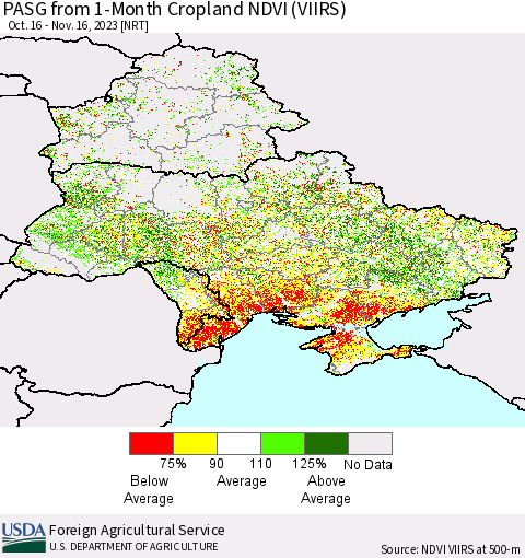 Ukraine, Moldova and Belarus PASG from 1-Month Cropland NDVI (VIIRS) Thematic Map For 11/11/2023 - 11/20/2023