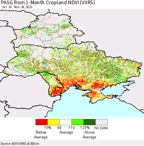 Ukraine, Moldova and Belarus PASG from 1-Month Cropland NDVI (VIIRS) Thematic Map For 11/17/2023 - 11/24/2023