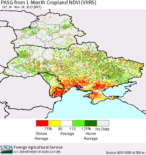 Ukraine, Moldova and Belarus PASG from 1-Month Cropland NDVI (VIIRS) Thematic Map For 11/21/2023 - 11/30/2023