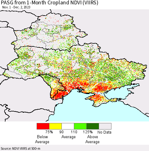 Ukraine, Moldova and Belarus PASG from 1-Month Cropland NDVI (VIIRS) Thematic Map For 11/25/2023 - 12/2/2023