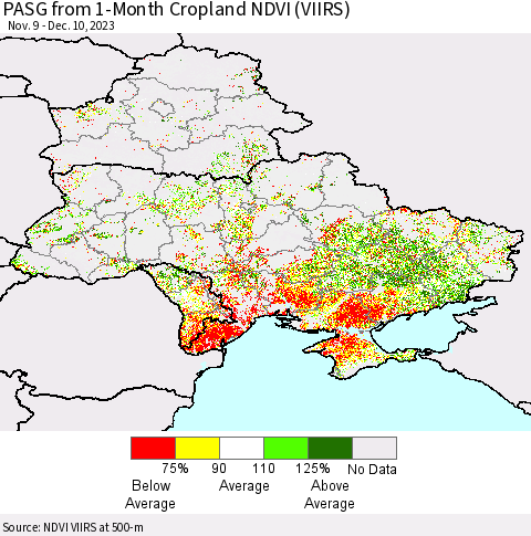 Ukraine, Moldova and Belarus PASG from 1-Month Cropland NDVI (VIIRS) Thematic Map For 12/3/2023 - 12/10/2023