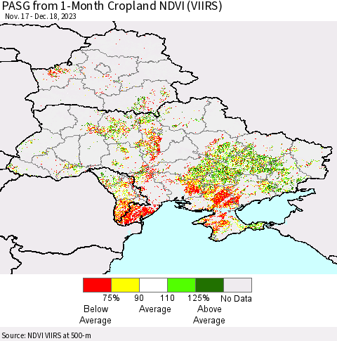 Ukraine, Moldova and Belarus PASG from 1-Month Cropland NDVI (VIIRS) Thematic Map For 12/11/2023 - 12/18/2023